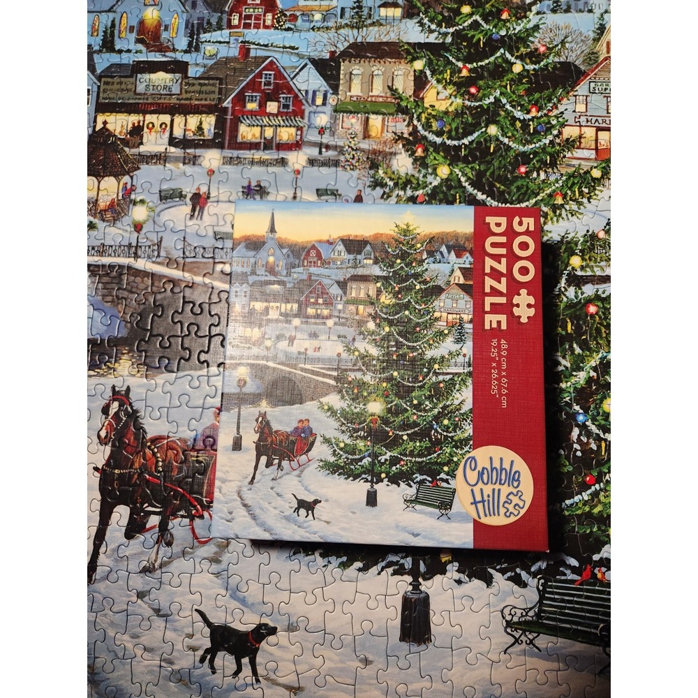 Cobble Hill Christmas Puzzle 500 Piece Winter Village Horse Drawn Sleigh Holiday